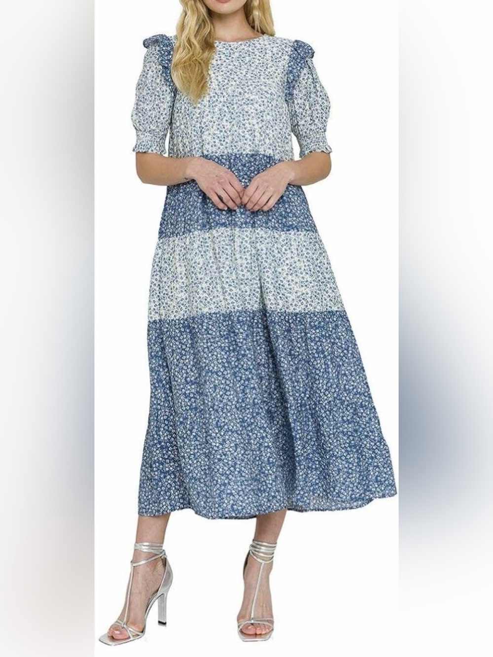Blue Tiered Floral Midi Dress - Lightweight Summer Style (SKU811)